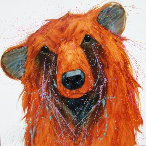 original painting by sarah rogers. red and orange bear face