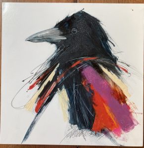 painting of a crow head with abstract colors and shapes in bottom half.