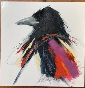 painting of crow's head with abstract colors and shapes in bottom half
